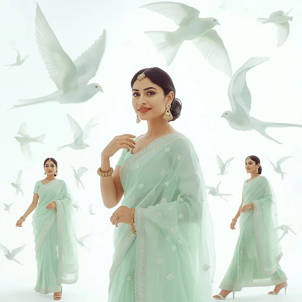 Luminous White Jade Swallows and Festive Fancy Saree | prompt for girl in saree pic - New 10 Traditional Young Girl Saree AI Prompts for School Graduation Photos AI Prompt