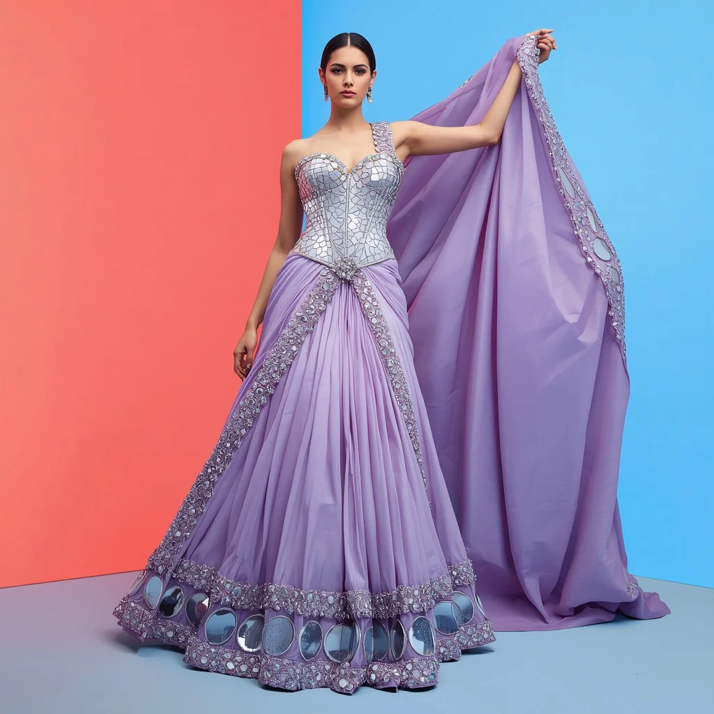 Luxurious Pastel Lavender Heavy Mirror Work Saree With Sculpted Corset | best saree prompt for gemini girl - Best 10 Artistic Child Saree AI Prompts for Pop-Up Book Illustrations AI Prompt