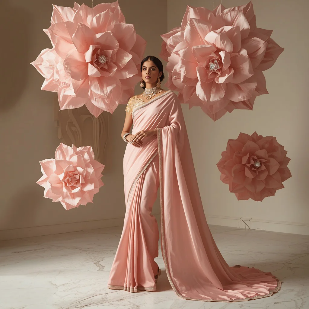 Luxury Couture Festive Pastel Saree With Floating Fabric Origami Flower Architecture Design Concept | trending photo prompt - Top 10 Modern Teen Saree AI Prompts for Urban Photography Walkshops AI Prompt