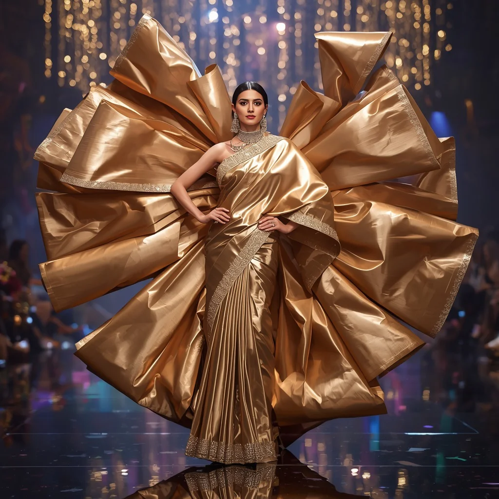 Luxury Festival Saree Made of Giant Floating Luxury Gift Wrap Folds with Celebration Light Plaza | prompt for gemini girl in saree - Artistic Ajrakh Print Saree AI Prompts for Cultural Storytelling AI Prompt
