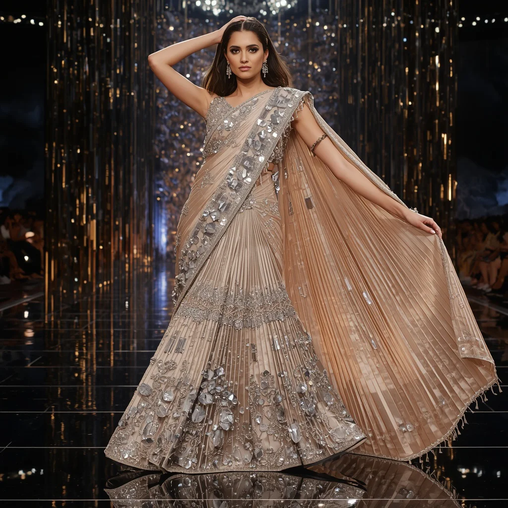 Luxury Festival Saree with Giant Crystal Waterfall Pleats and Contemporary Glow Gallery | traditional saree prompt in english for girl - Traditional Banarasi Tissue Saree AI Image Prompts for Subtle Shine AI Prompt