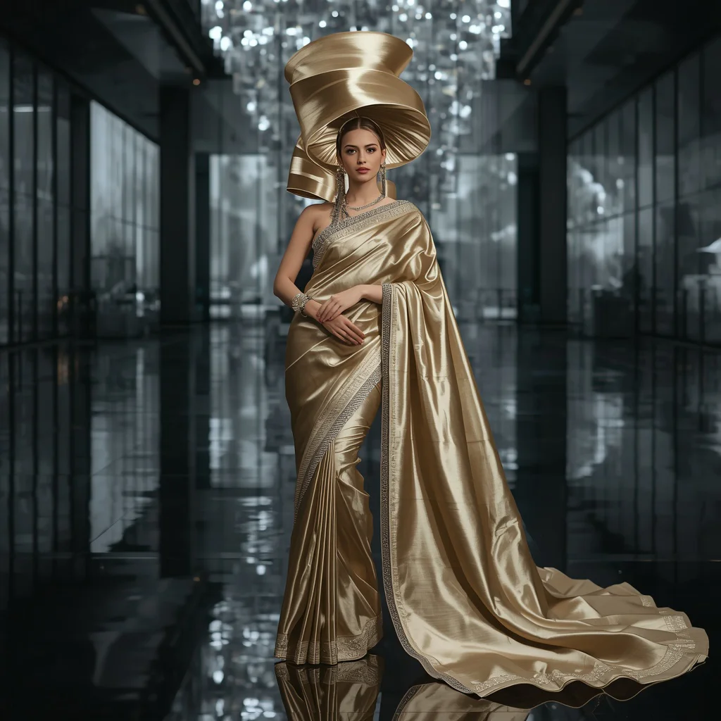 Luxury Festival Saree with Giant Spiral Ribbon Tower and Modern Light Gallery | traditional saree prompt in english for girl - Artistic Ajrakh Print Saree AI Prompts for Cultural Storytelling AI Prompt