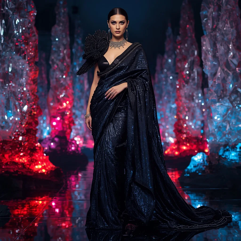 Midnight Obsidian Dragon Queen Saree with Neon Crystal Volcano Sanctuaries | black saree prompt for ChatGPT - Top 10 Charming Teen Saree AI Image Prompts for Volunteering at Animal Shelters AI Prompt
