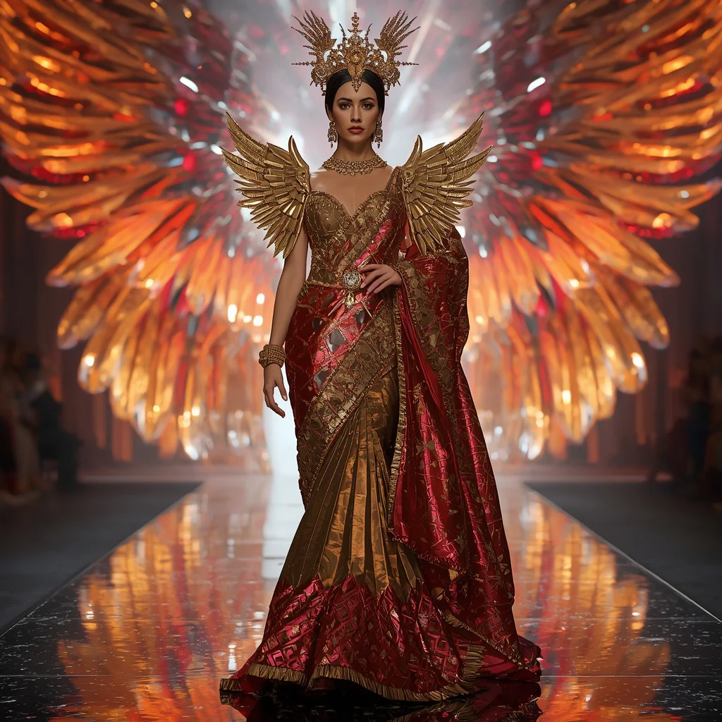 Molten Gold Phoenix Empress Saree with Neon Wing Crystal Cathedrals | traditional saree prompt for girl images - Top 10 Charming Teen Saree AI Image Prompts for Volunteering at Animal Shelters AI Prompt