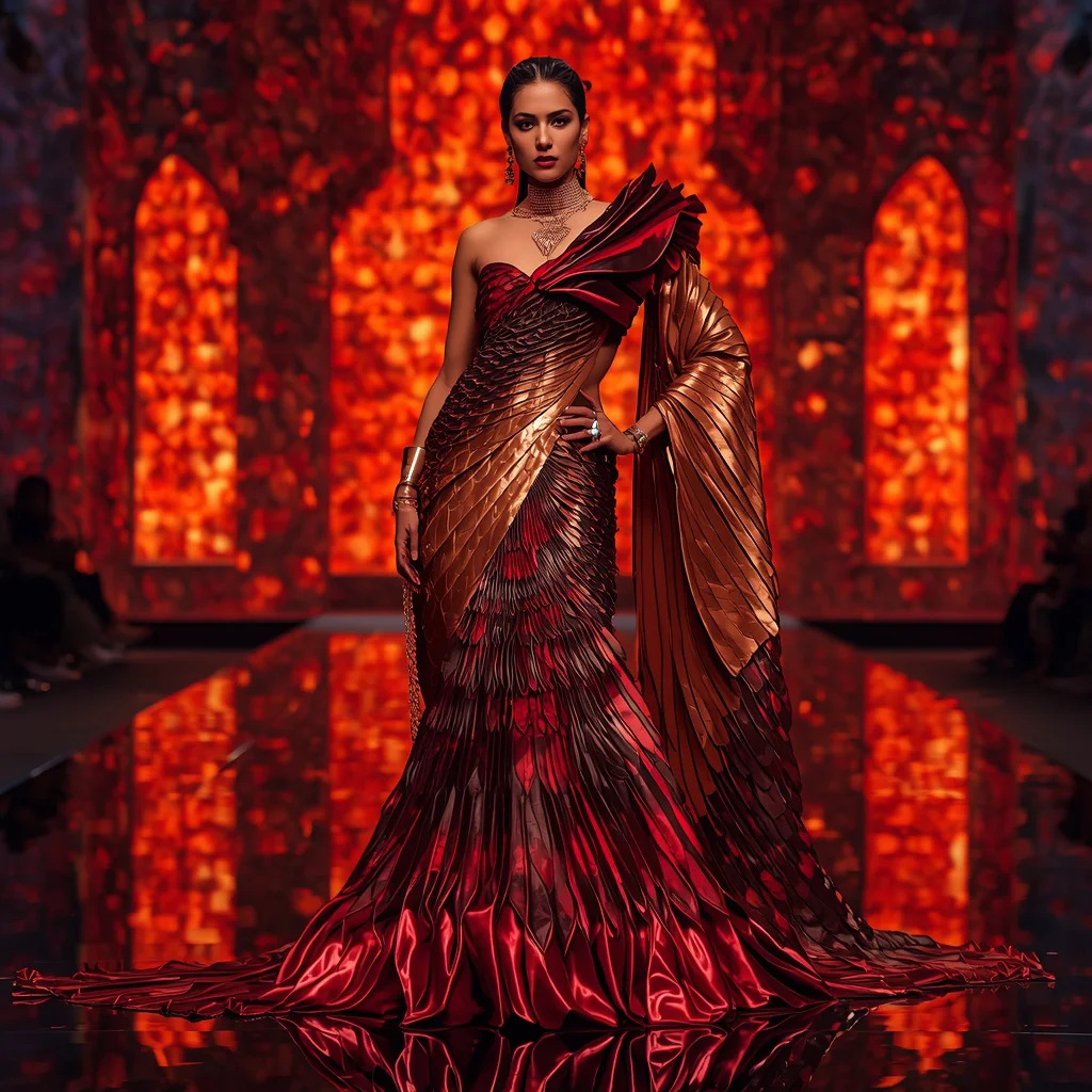Neon Dragon Flame Saree with Fire Scale Palace | new prompt girl ai photo - Traditional Muga Silk Saree AI Image Prompts for Assamese Grandeur AI Prompt