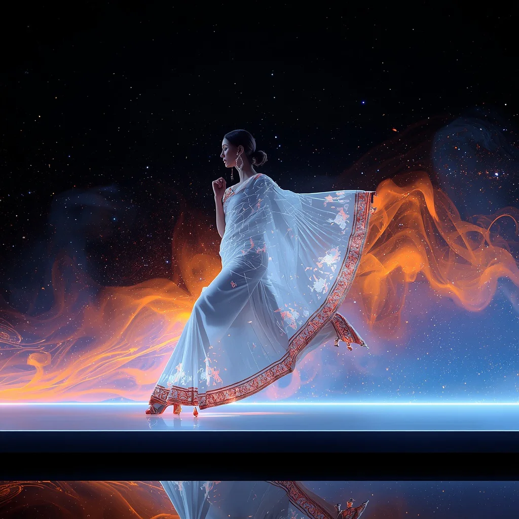 Neon Fiber-Optic Supernova Saree Horizontal Wall-Run Sprint | ChatGPT photo editing prompts for girl copy paste - Best 10 Artistic Child Saree AI Prompts for Pop-Up Book Illustrations AI Prompt