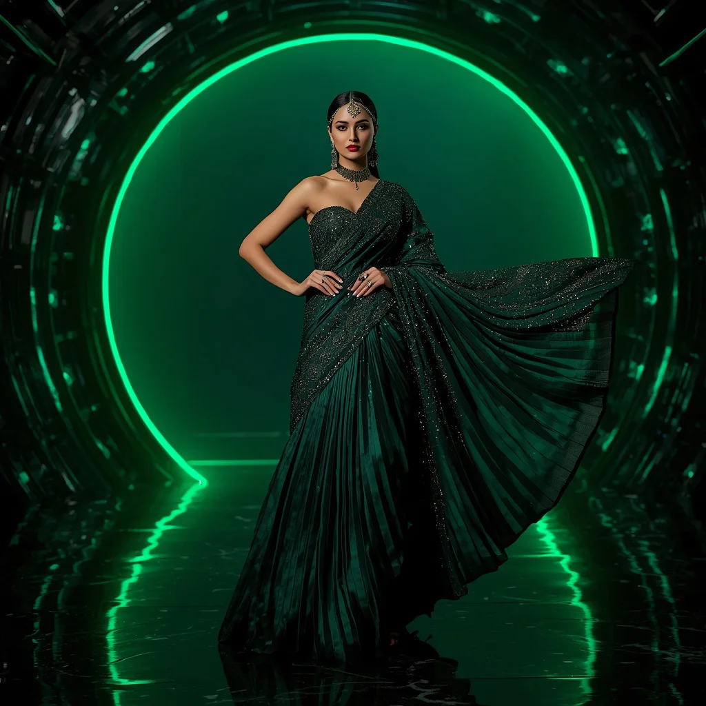Obsidian Emerald Queen Saree with Shadow Crystal Solar Orbit | traditional prompt for gemini ai girl instagram - Modern Printed Linen Saree AI Prompts for Everyday Chic AI Prompt