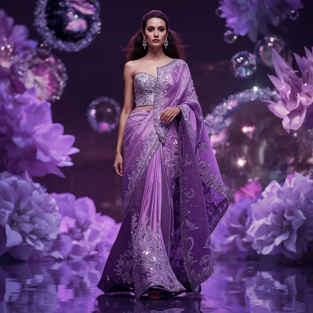 Orchid Prism Galaxy Saree with Floating Floral Crystal Orbits | Trending blue saree prompt - Best 10 Serene Child Saree AI Prompts for Mountain View Photography AI Prompt