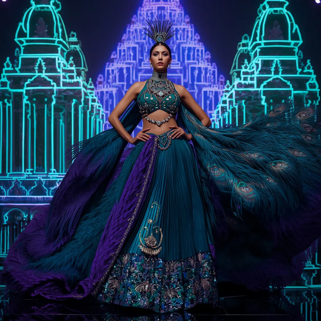 Peacock Ocean Majesty Saree with Neon Feather Tide Temples | new prompt chatgpt - Best 10 Serene Child Saree AI Prompts for Mountain View Photography AI Prompt