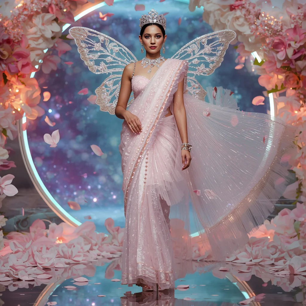 Pearl Butterfly Crown Saree with Floating Floral Mirror Galaxy | traditional saree prompt for wedding in english - Modern Printed Linen Saree AI Prompts for Everyday Chic AI Prompt