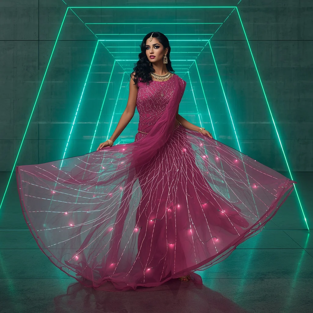 Platinum Cyber-Vine Saree High-Altitude Tornado Spin | traditional prompt for gemini ai girl instagram - Best 10 Artistic Child Saree AI Prompts for Pop-Up Book Illustrations AI Prompt