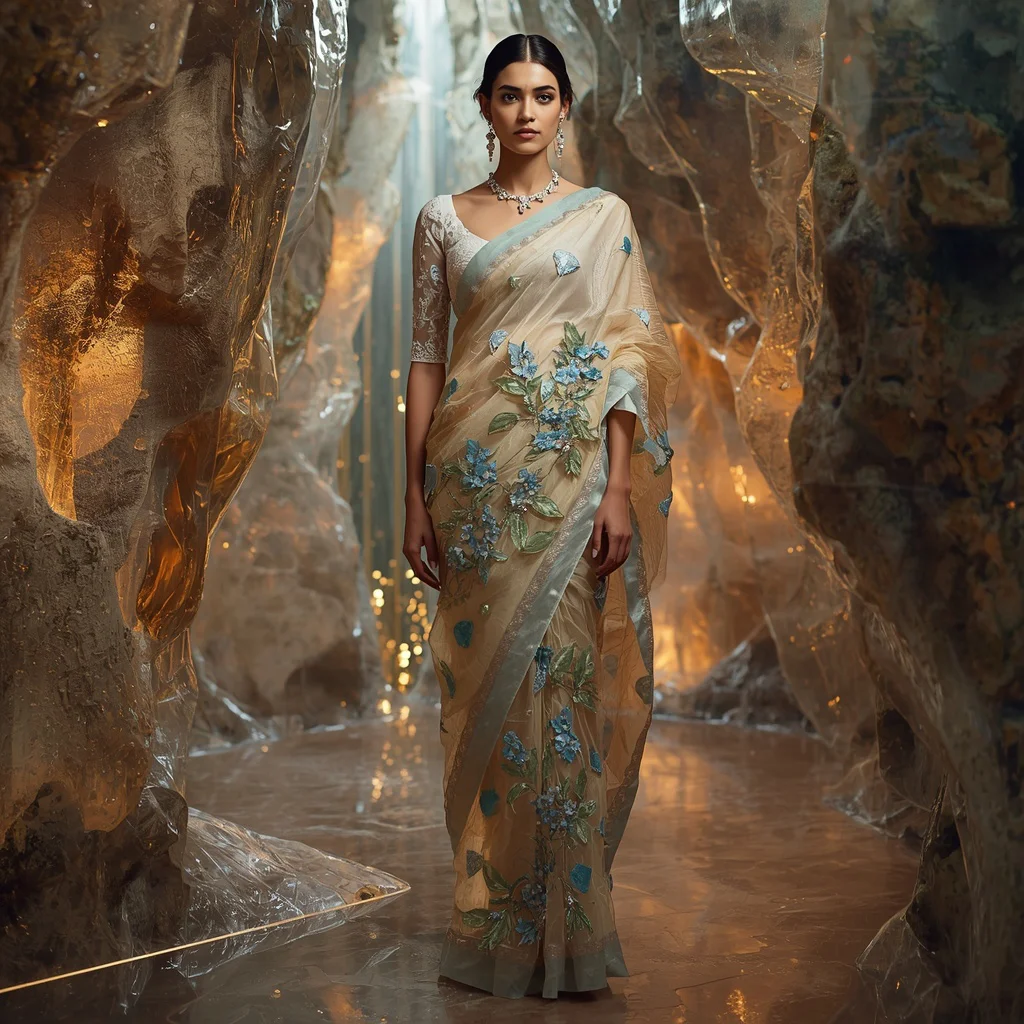 Premium Luxury Glass Nature Canyon Saree With Transparent Earth Architecture Background | prompt for gemini ai girl in saree 2026 - Bohemian Embroidered Saree AI Prompts for Free-Spirited Fashion AI Prompt