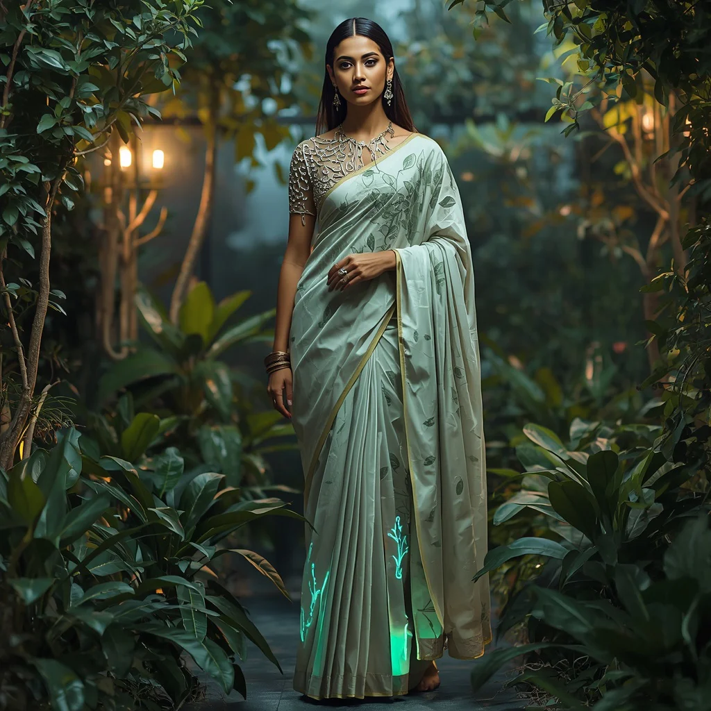 Premium Luxury Organic Tech Fusion Saree With Bio Digital Garden Background | prompt for gemini girl attitude - Traditional Banarasi Tissue Saree AI Image Prompts for Subtle Shine AI Prompt