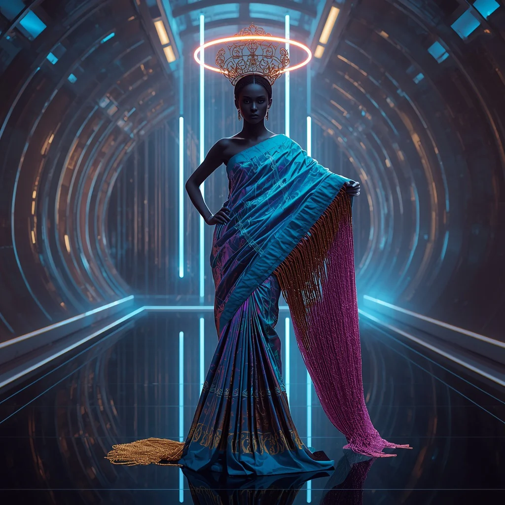 Quantum Aurora Singularity Throne Saree with Floating Spacetime Dominion Halo | gemini saree prompt for women - Modern Printed Linen Saree AI Prompts for Everyday Chic AI Prompt