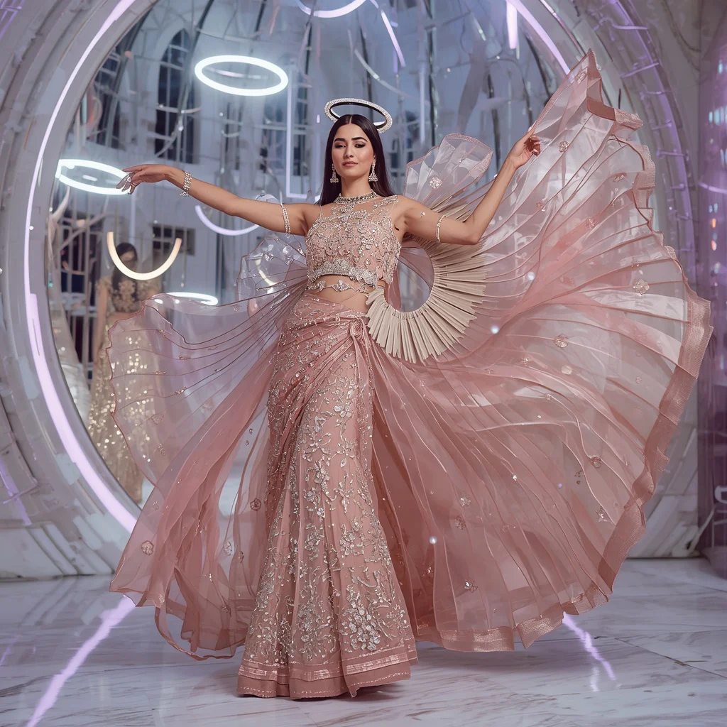 Rose Crystal Halo Saree with Floating Aurora Mirror Fortress | retro style prompt for gemini girl in saree - Modern Printed Linen Saree AI Prompts for Everyday Chic AI Prompt