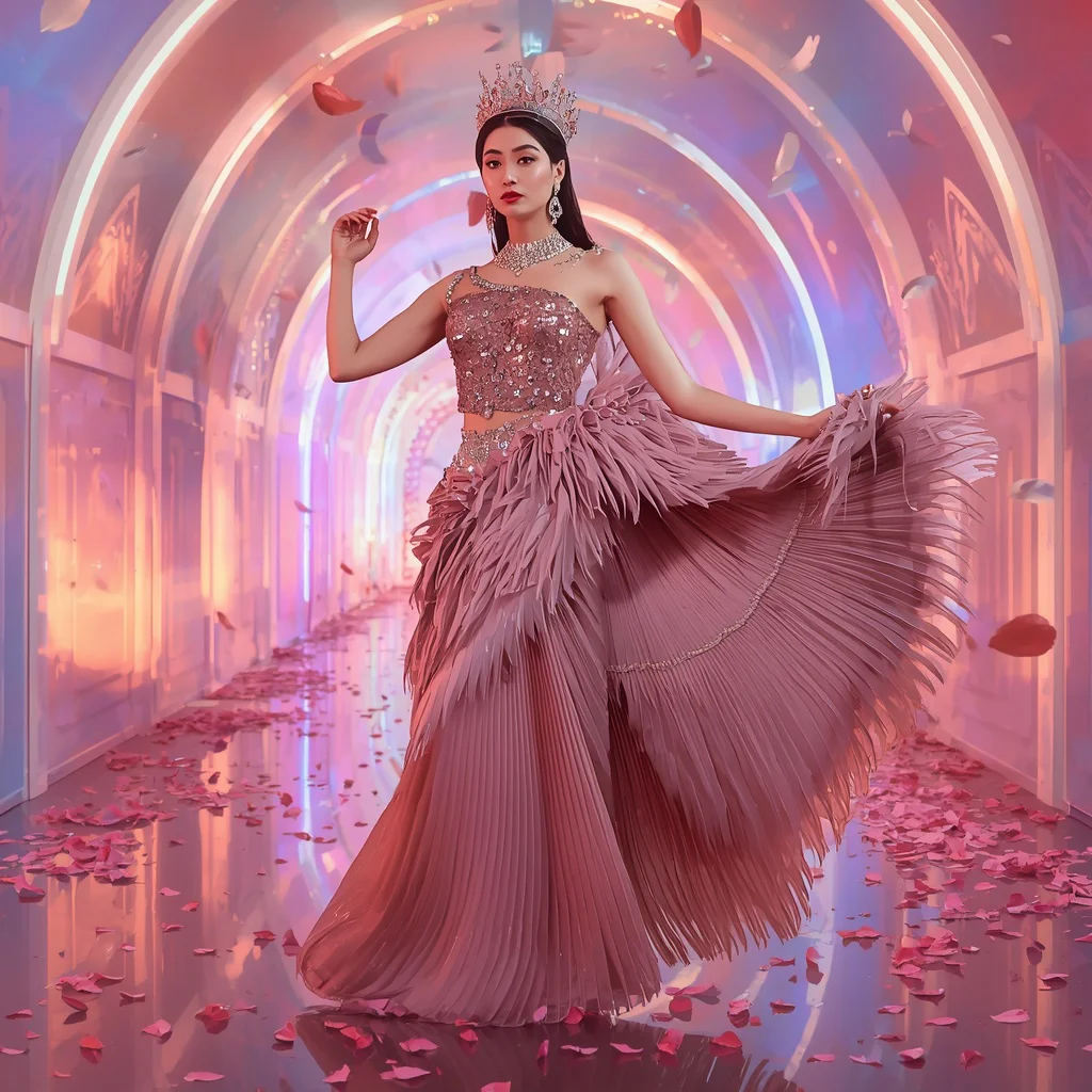 Rose Gold Feather Crown Saree with Aurora Neon Galaxy Hall | traditional saree prompt for girl - Ethereal Pastel Ombre Saree AI Image Prompts for Dreamy Aesthetics AI Prompt