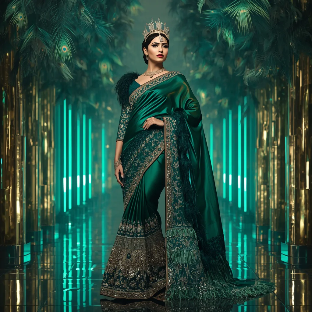 Royal Emerald Peacock Crown Saree with Floating Feather Cathedral Hall | prompt for Gemini AI girl in saree 2026 - New 10 Traditional Young Girl Saree AI Prompts for Cultural Storytelling AI Prompt