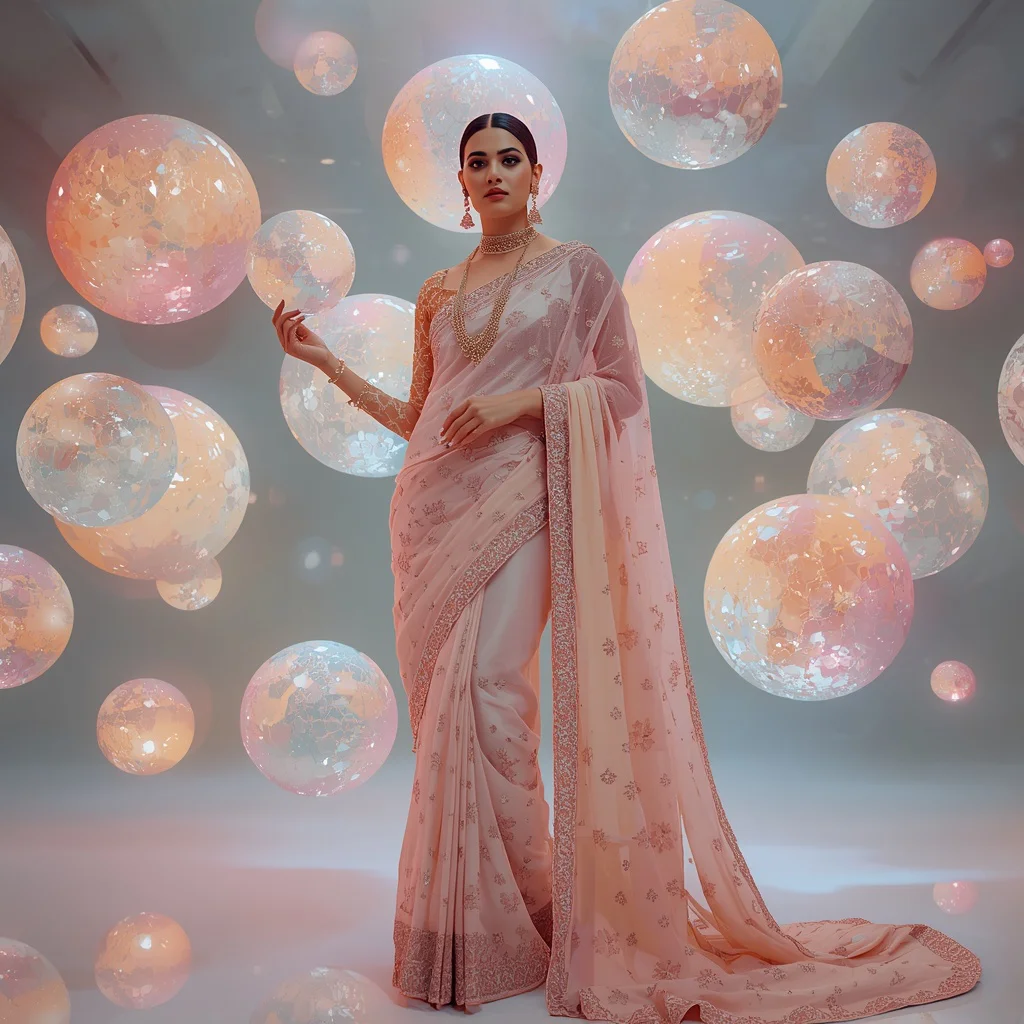 Royal Festive Pastel Saree With Floating Crystal Fabric Sphere Cluster Couture Fashion Design Concept | prompt for Gemini AI girl Indian style - Top 10 Modern Teen Saree AI Prompts for Urban Photography Walkshops AI Prompt