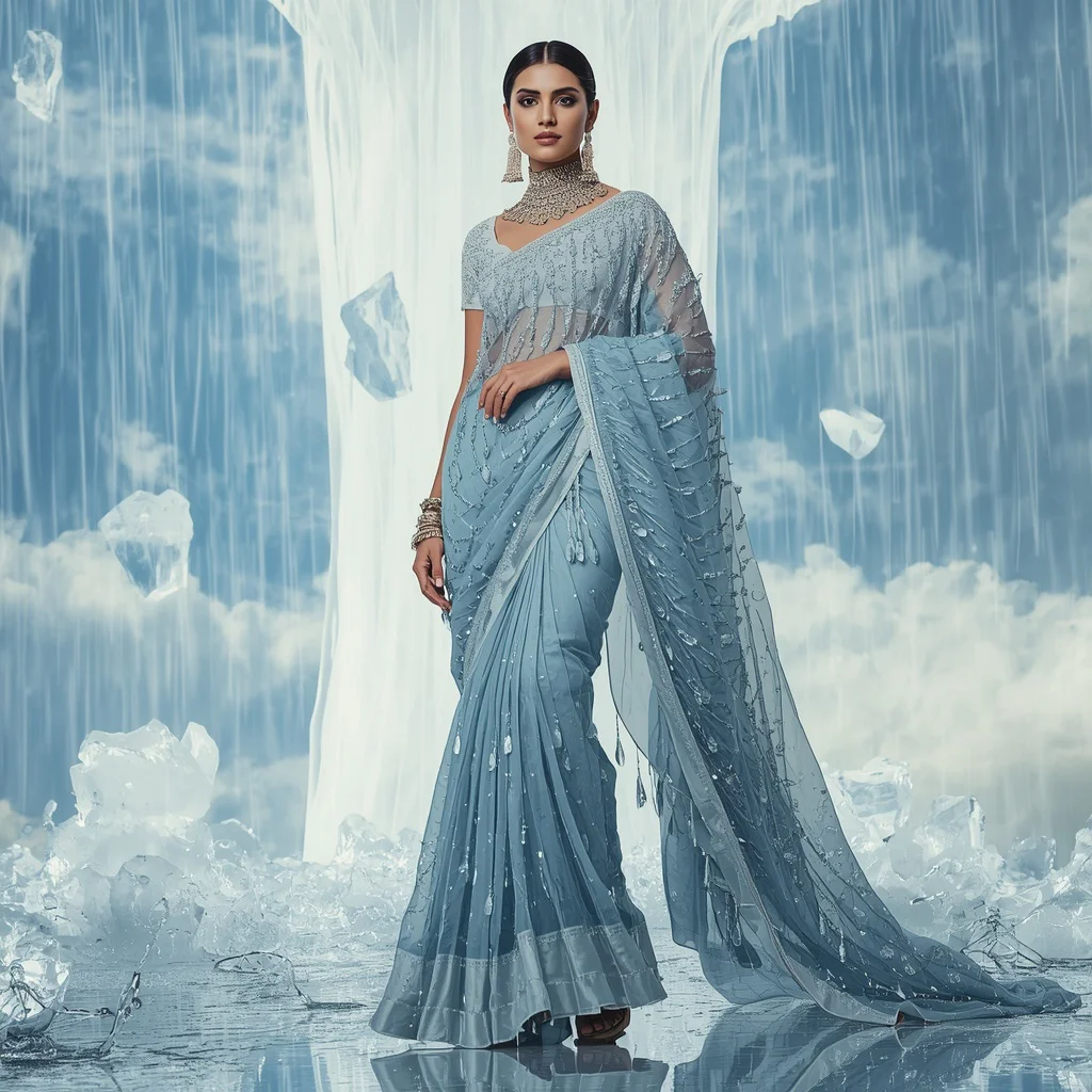 Royal Luxury Crystal Rainfall Saree With Floating Water Sculpture Sky Background | new trending purple saree prompt - Traditional Banarasi Tissue Saree AI Image Prompts for Subtle Shine AI Prompt