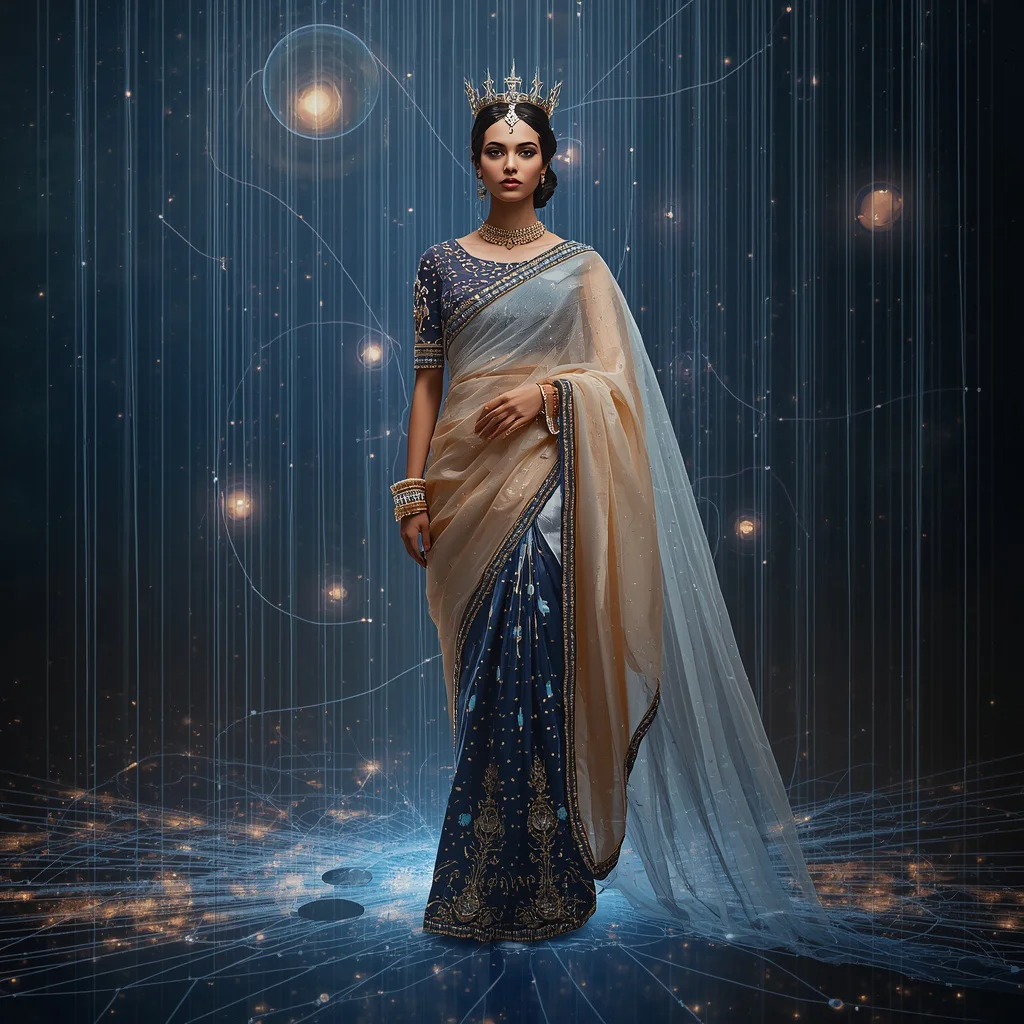 Royal Luxury Floating Thread Universe Saree With Cosmic Fiber Space Background | new instagram trend prompt for girl saree look - Bohemian Embroidered Saree AI Prompts for Free-Spirited Fashion AI Prompt