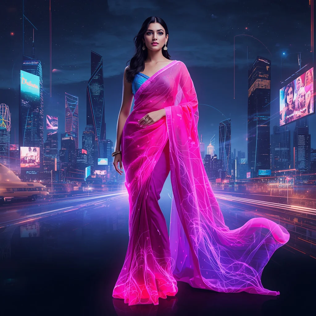 Royal Luxury Neon Silk Wave Saree With Futuristic Night Skyline Background | chat gpt prompt link - Bohemian Embroidered Saree AI Prompts for Free-Spirited Fashion AI Prompt