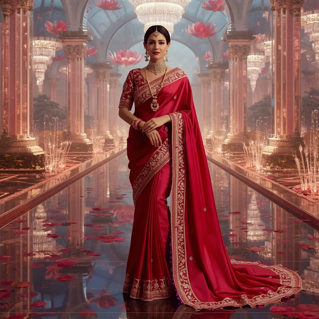 Royal Ruby Crystal Lotus Maharani Saree with Infinite Glass Palace Background | prompt for girls college instagram - Traditional Banarasi Tissue Saree AI Image Prompts for Subtle Shine AI Prompt