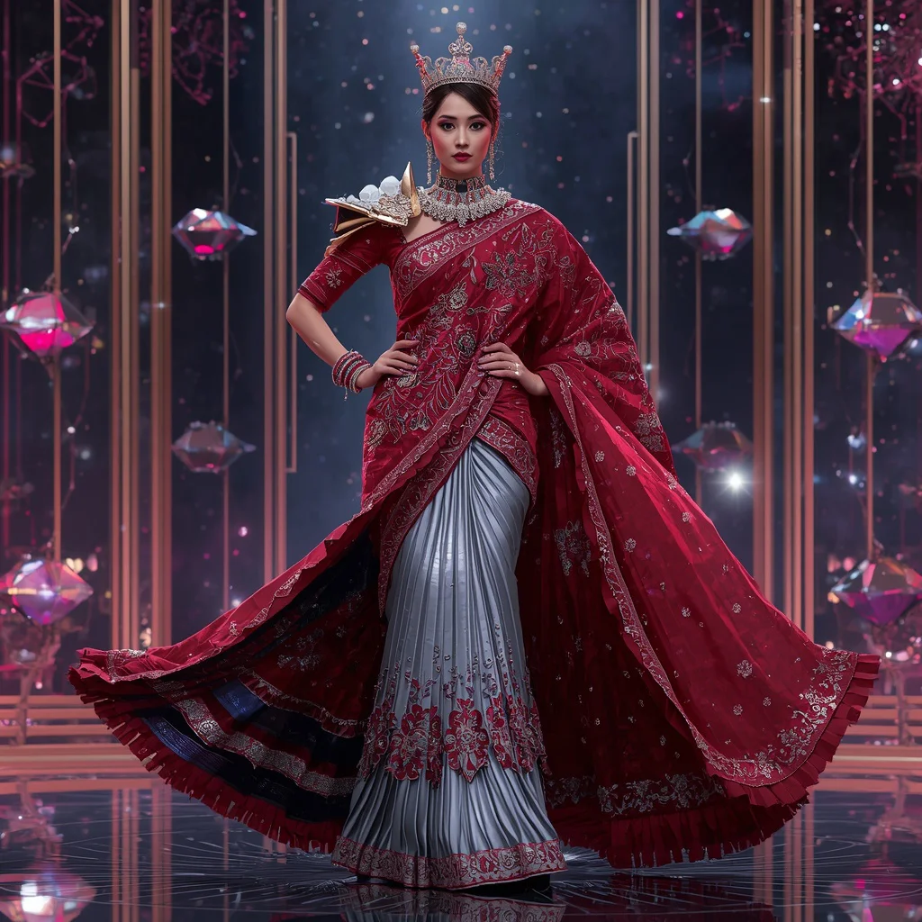 Ruby Starlight Crown Saree with Floating Diamond Constellation Gates | instagram trending prompt copy and paste - Best 10 Serene Child Saree AI Prompts for Mountain View Photography AI Prompt