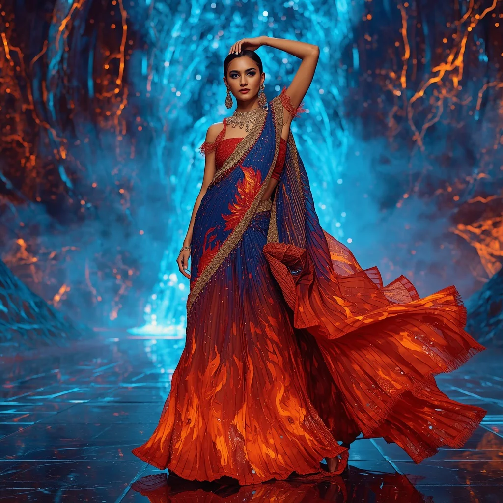 Sapphire Flame Mirage Saree with Neon Volcano Prism Cosmos | new prompt ai video - Modern Printed Linen Saree AI Prompts for Everyday Chic AI Prompt