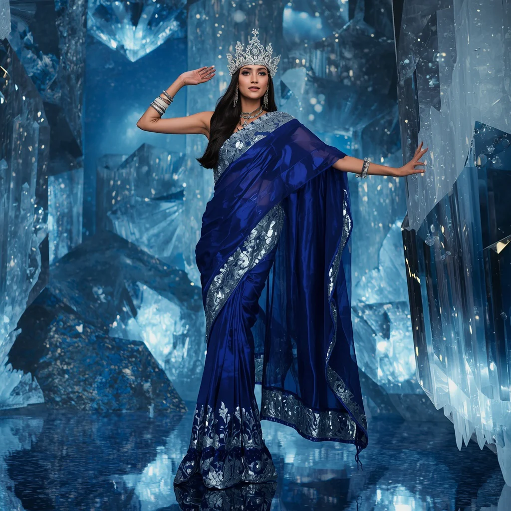 Sapphire Ocean Crown Saree with Floating Crystal Tide Universes | instagram prompt for traditional look for girl - Top 10 Charming Teen Saree AI Image Prompts for Volunteering at Animal Shelters AI Prompt