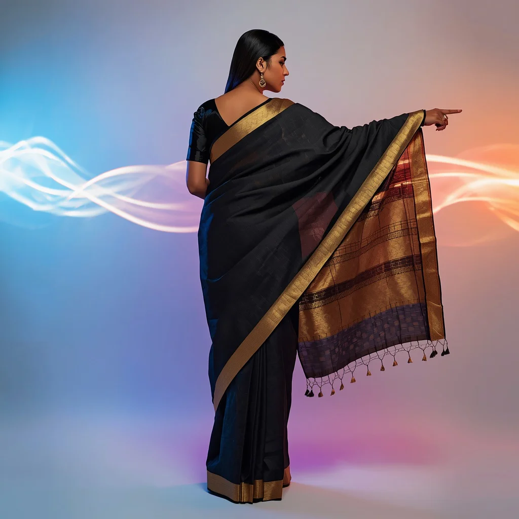 Saree as a Foldable Solar Cell Array (stylized) | chatgpt photo editing prompts for girl in saree - Glamorous Net Embroidered Saree AI Prompts for Sparkling Occasions AI Prompt