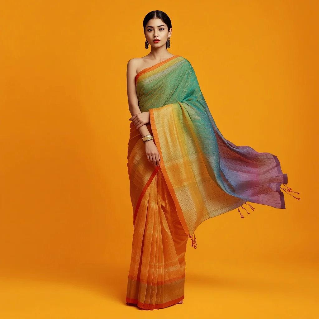 Saree of Woven Metal-Oxide for Dynamic Color Shift | saree prompt for women in english - Glamorous Net Embroidered Saree AI Prompts for Sparkling Occasions AI Prompt
