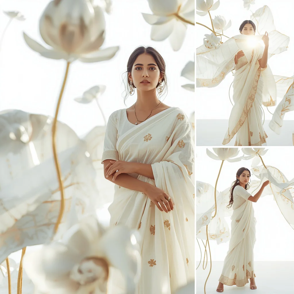 Sunlit White Gold Lotuses With Festive Saree | new ai prompt girl instagram - New 10 Traditional Young Girl Saree AI Prompts for School Graduation Photos AI Prompt