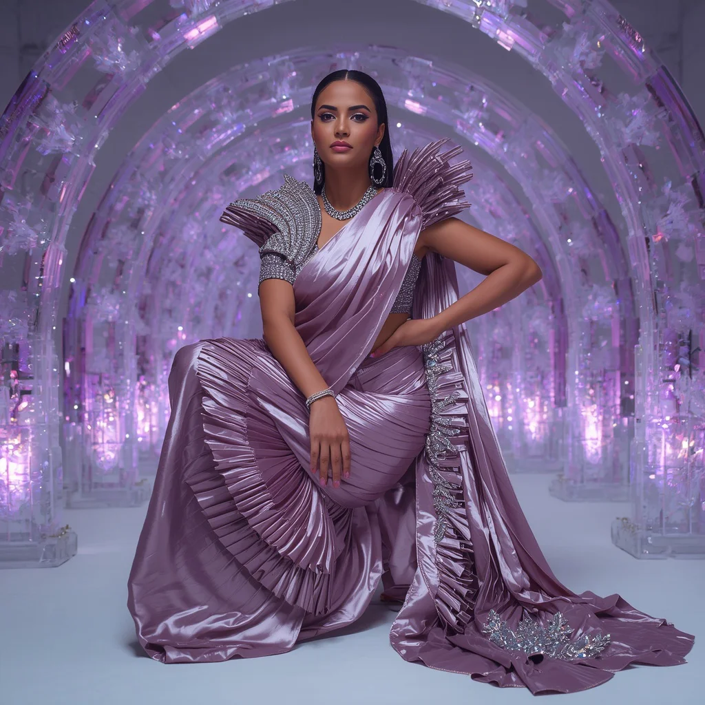 Titanium Orchid Galaxy Saree with Crystal Reflection Crown Arches | chatgpt prompt for photo editing trending - Top 10 Charming Teen Saree AI Image Prompts for Volunteering at Animal Shelters AI Prompt