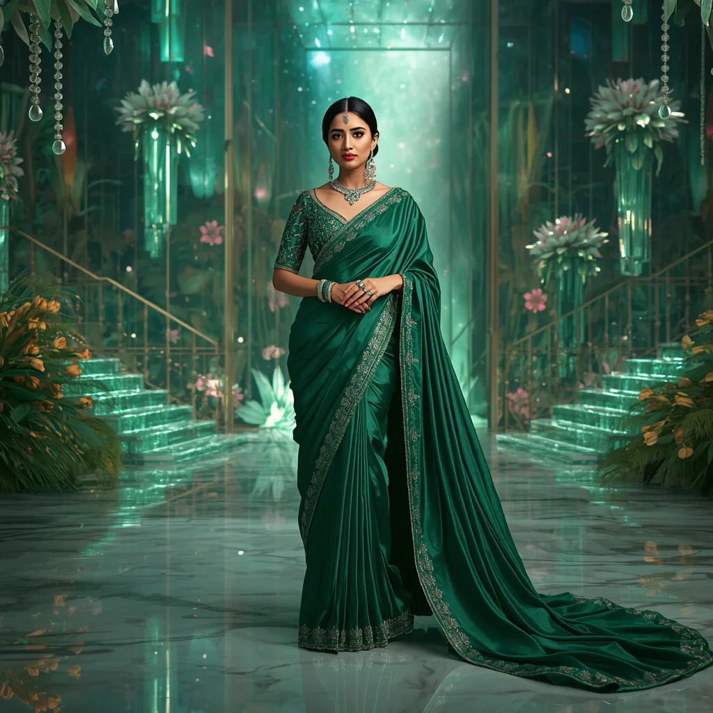 Ultra Luxury Emerald Celestial Peacock Festival Saree with Floating Crystal Sky Garden | new ai prompt girl - Traditional Banarasi Tissue Saree AI Image Prompts for Subtle Shine AI Prompt