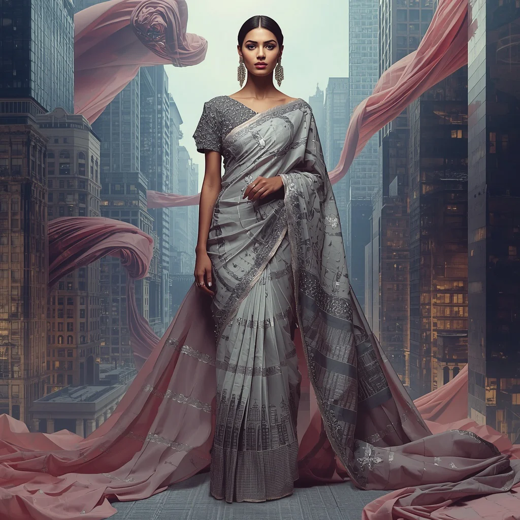 Ultra Luxury Floating Architecture Saree With Living City Fabric Transformation Background | prompt for traditional look for girl and girl - Traditional Banarasi Tissue Saree AI Image Prompts for Subtle Shine AI Prompt