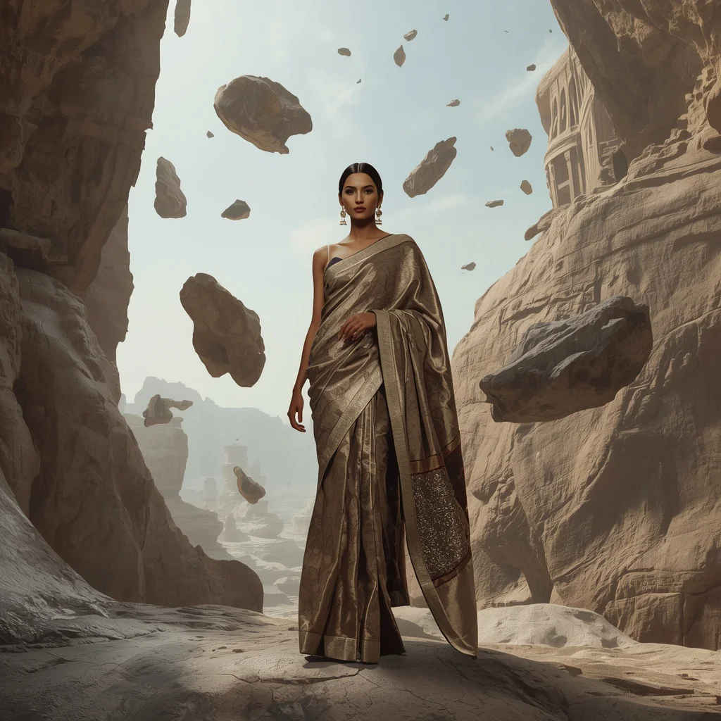 Ultra Luxury Floating Stone Silk Saree With Gravity Defying Canyon Background | prompt ai - Bohemian Embroidered Saree AI Prompts for Free-Spirited Fashion AI Prompt