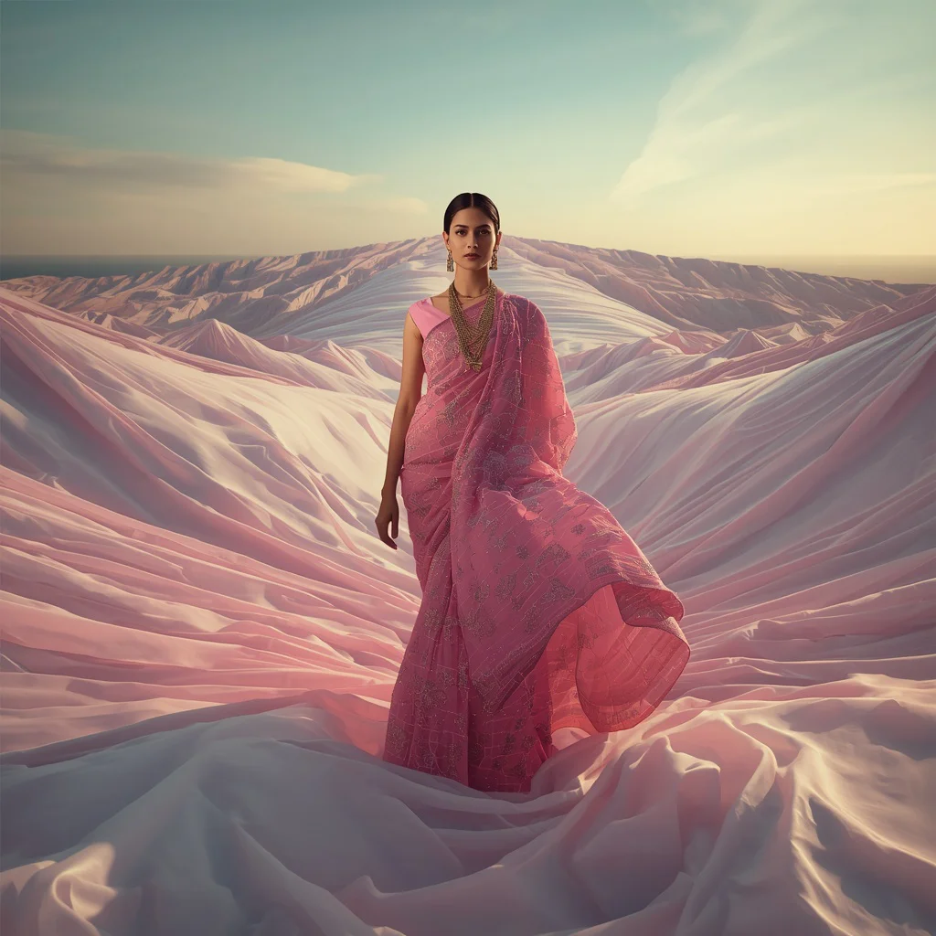 Ultra Luxury Infinite Fabric Horizon Saree With Endless Dimension Background | ai prompt text generator - Bohemian Embroidered Saree AI Prompts for Free-Spirited Fashion AI Prompt