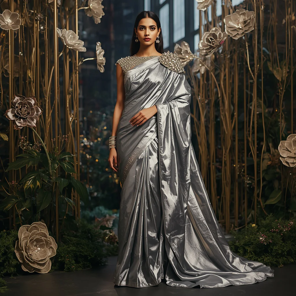 Ultra Luxury Liquid Metal Bloom Saree With Industrial Floral Fusion Background | prompt for traditional look for girl instagram - Bohemian Embroidered Saree AI Prompts for Free-Spirited Fashion AI Prompt